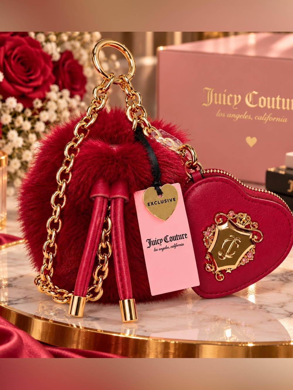 Juicy Couture Red Fuzzy Drawstring Pouch Heart Pouch Keychain